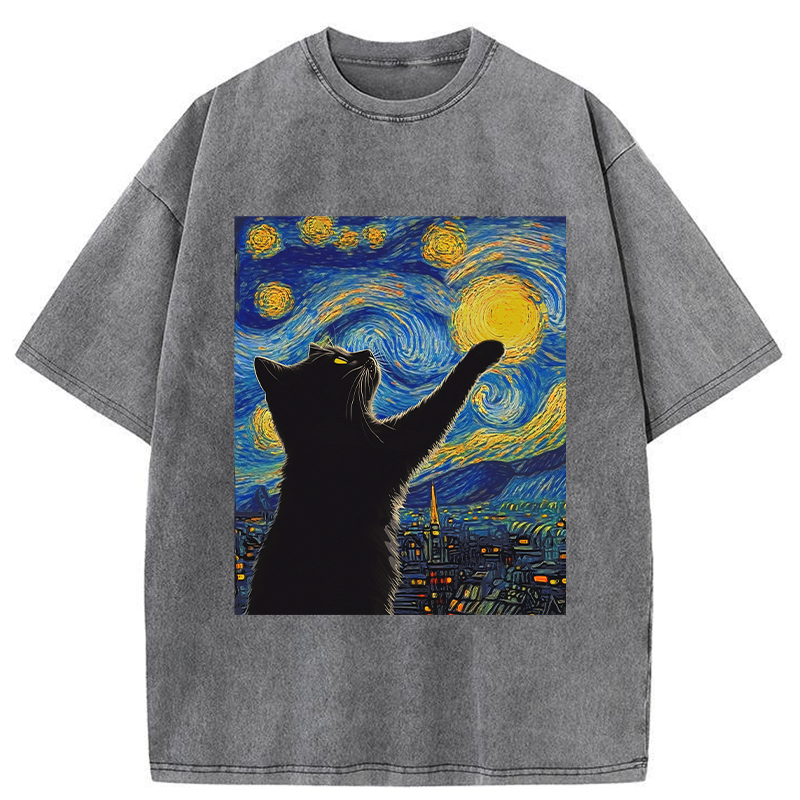 Modecanvas Black Cat Touch The Moon Washed T-Shirt