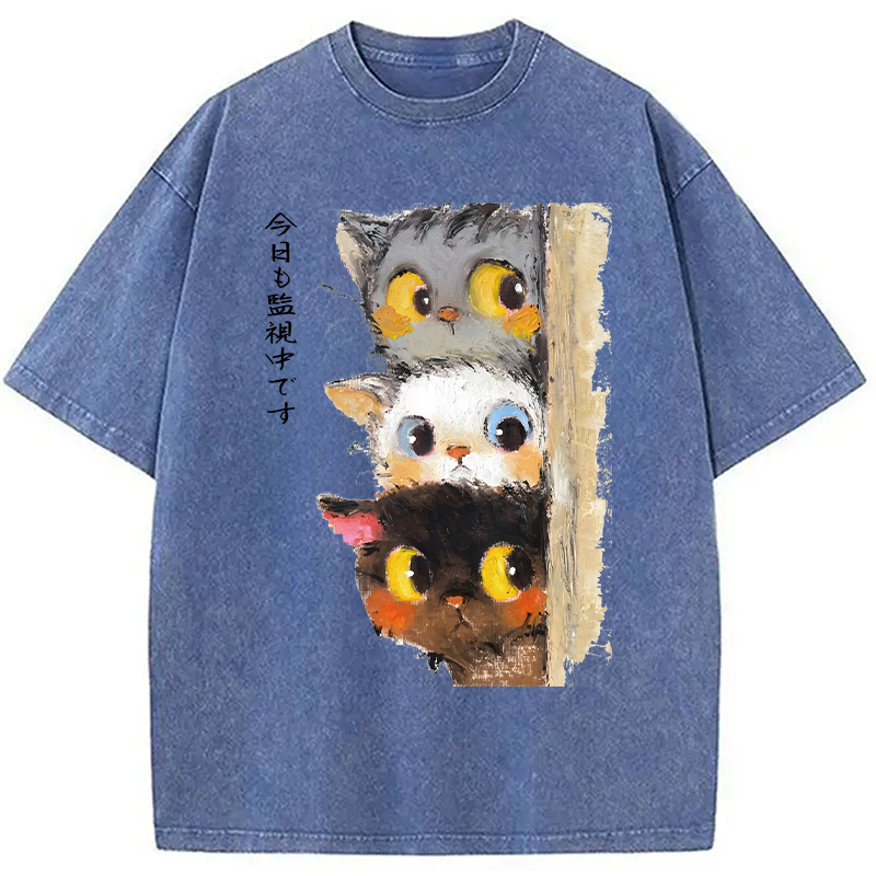 Modecanvas Three Cats Secretly Monitor Washed T-Shirt