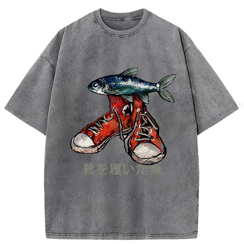 Modecanvas Fish Wearing Shoes Washed T-Shirt