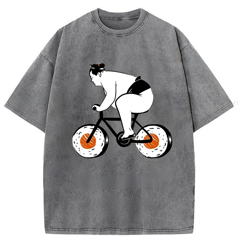 Modecanvas Sumo Riding A Sushi Bike Washed T-Shirt