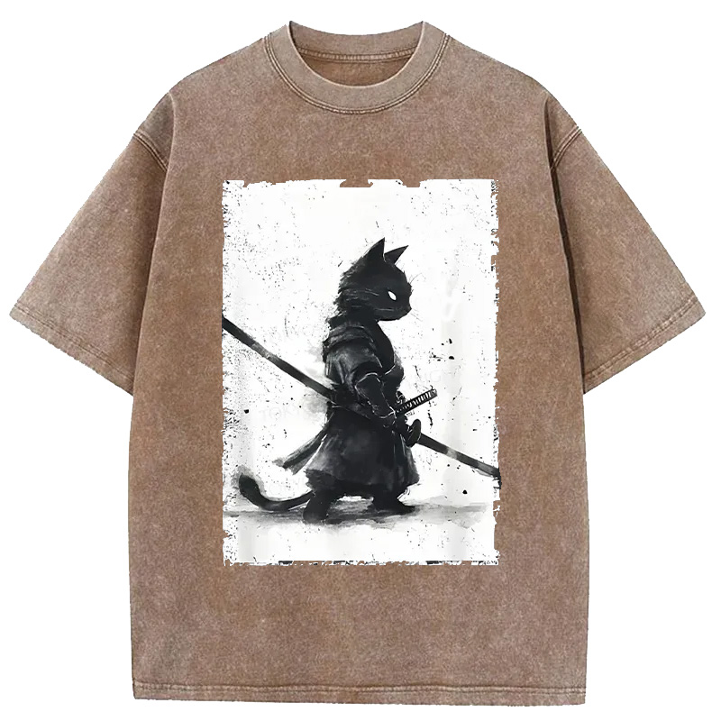 Modecanvas Retro Cat Samurai Japanese Washed T-Shirt-modecanvas