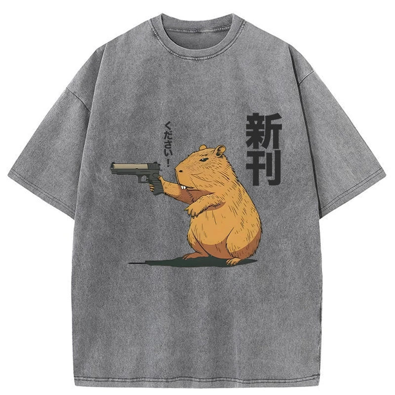Modecanvas Capybara Holding A Gun Washed T-Shirt
