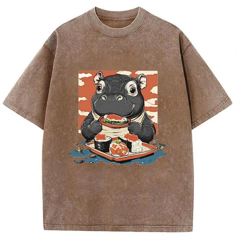 Modecanvas Moo Deng Eat Sushi Washed T-Shirt