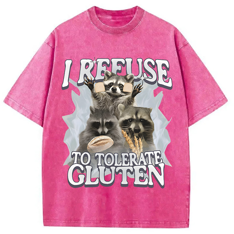 Modecanvas Refuse to Tolerate Gluten Funny Raccoon Meme Washed T-Shirt