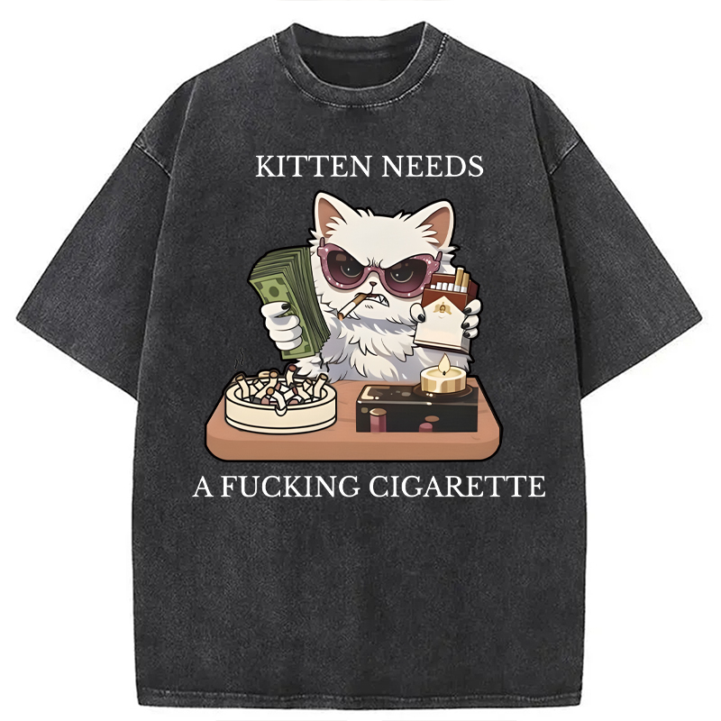 Modecanvas Kitten Needs A Fucking Cigarette DTG Printing Washed T-Shirt