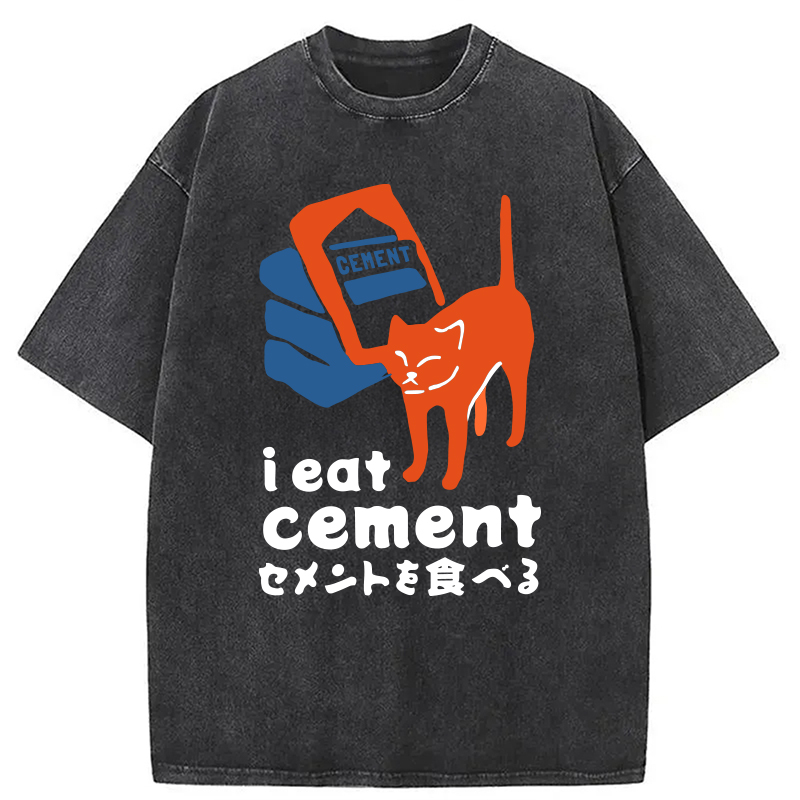 Modecanvas I Eat Cement Meme Cat Washed T-Shirt-modecanvas