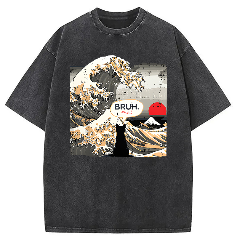 Modecanvas Bruh Cat Great Wave DTG Printing Washed T-Shirt