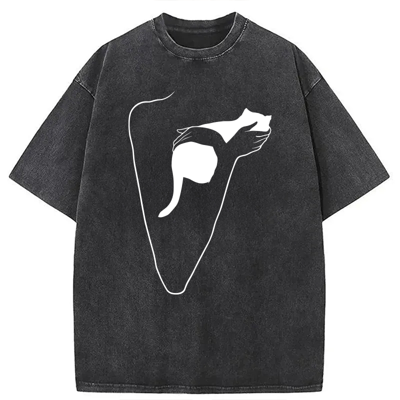 Modecanvas Minimalist Art Cat Hug DTG Printing Washed T-Shirt