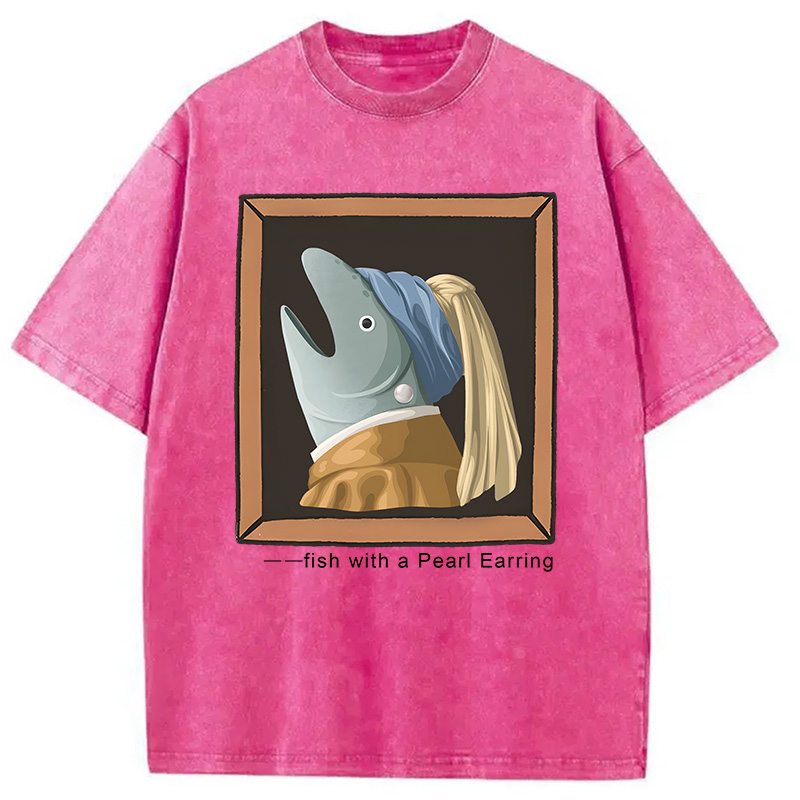Modecanvas Fish with Pearl Earring DTG Printing Washed T-Shirt