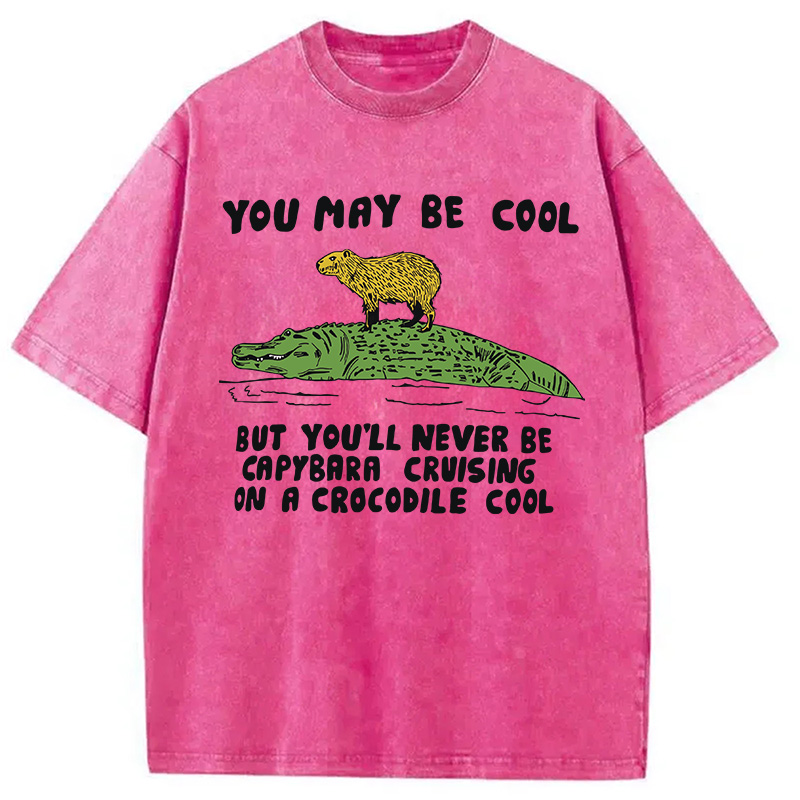 Modecanvas Funny Capybara Riding Crocodile DTG Printing Washed T-Shirt