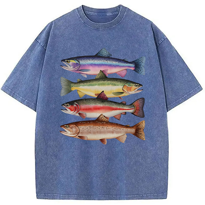 Modecanvas Colorful Rainbow Trout Fish DTG Printing Washed T-Shirt