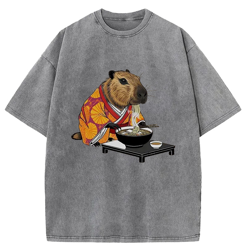 Modecanvas Cute Capybara Eating Ramen Washed T-Shirt