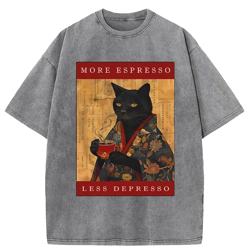 Modecanvas More Espresso Less Depresso Cat Washed T-Shirt