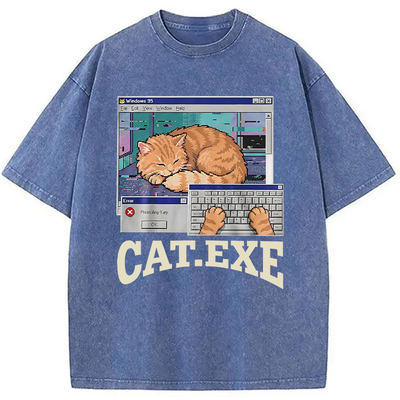 Modecanvas Cat Exe DTG Printing Washed T-Shirt-modecanvas