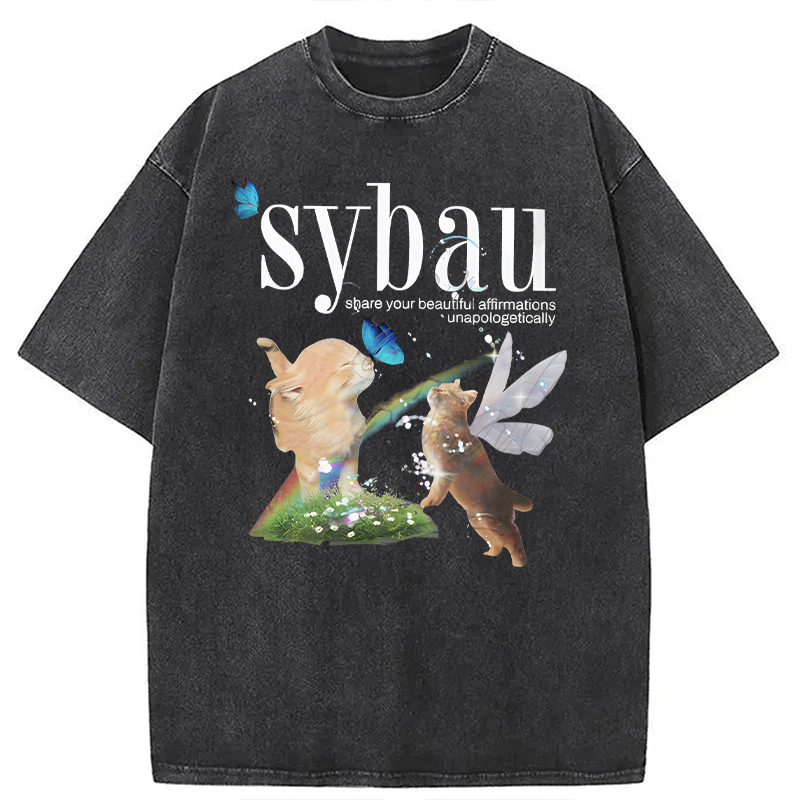 Modecanvas Cat Fairy SYBAU DTG Printing Washed T-Shirt-modecanvas