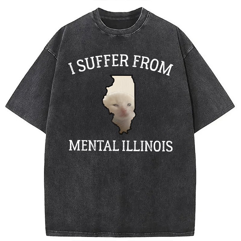 Modecanvas Mental Illinois Depressed Cat DTG Printing Washed T-Shirt-modecanvas