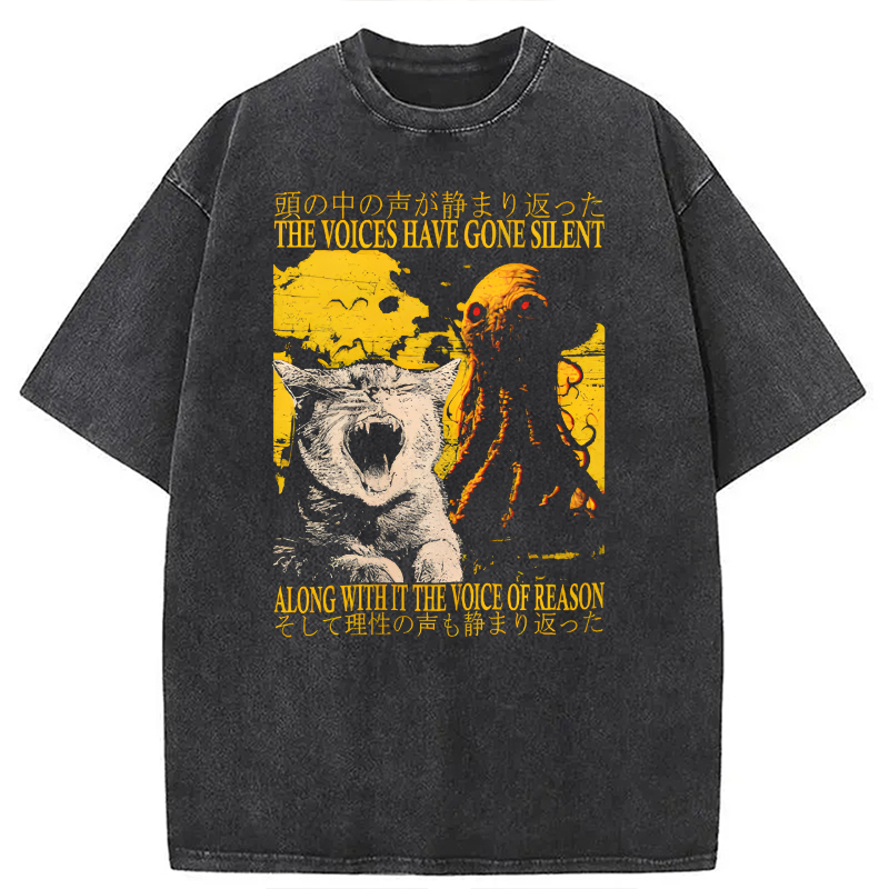 Modecanvas The Voices Have Gone Silent Cat Funny Washed T-Shirt-modecanvas