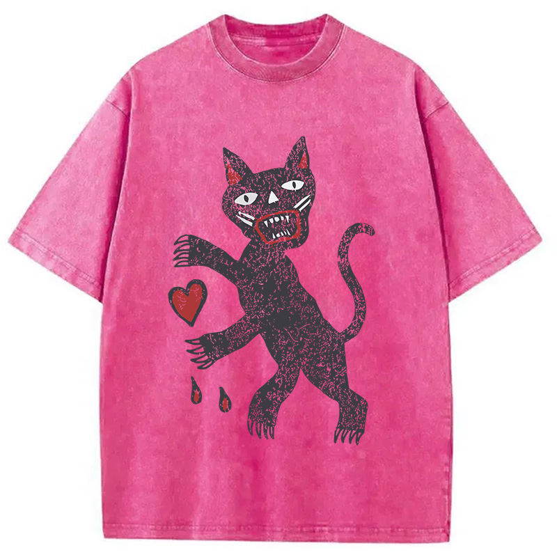 Modecanvas Black Cat Art DTG Printing Washed T-Shirt-modecanvas
