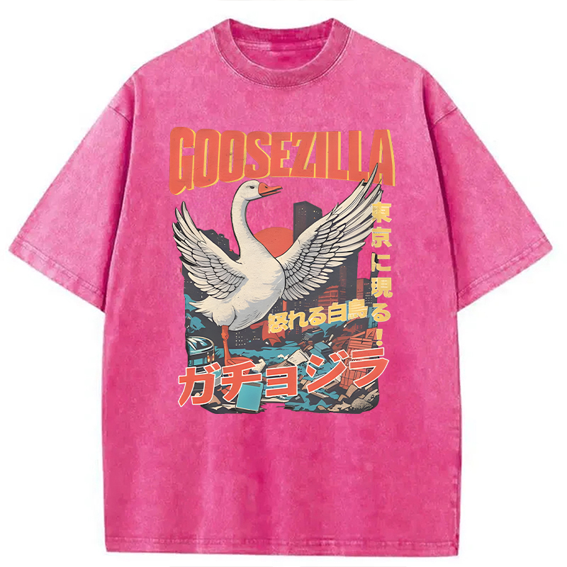 Modecanvas Goosezilla Funny Goose DTG Printing Washed T-Shirt-modecanvas