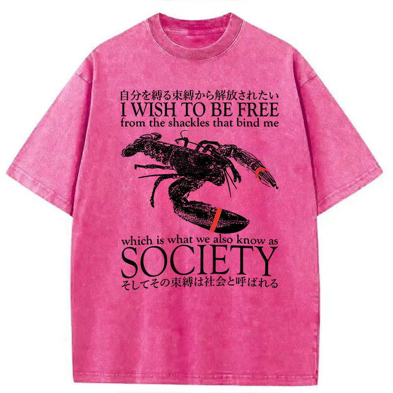 Modecanvas I Wish To Be Free Lobster DTG Printing Washed T-Shirt-modecanvas