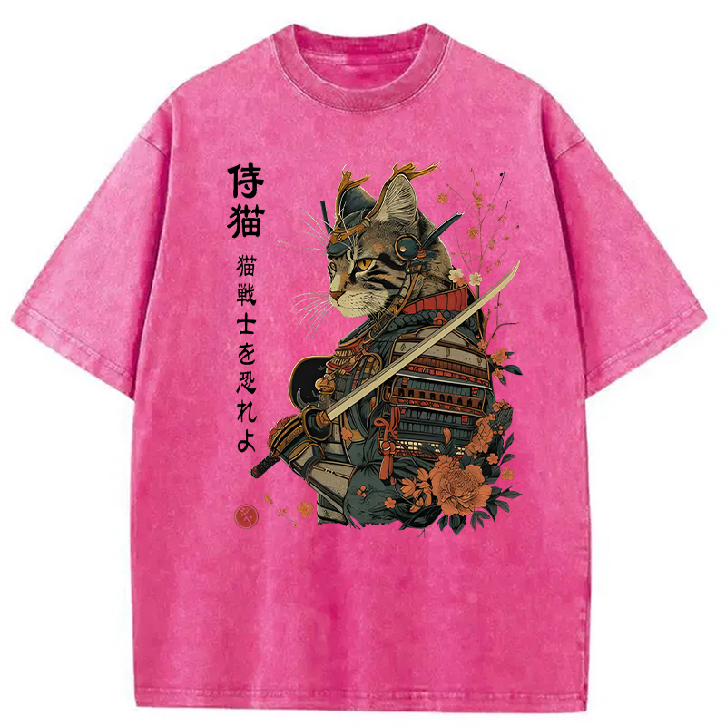 Modecanvas Samurai Cat Japanese Art DTG Printing Washed T-Shirt-modecanvas