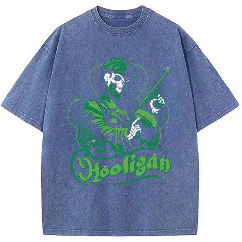 Modecanvas Hooligan Green Skeleton DTG Printing Washed T-Shirt-modecanvas