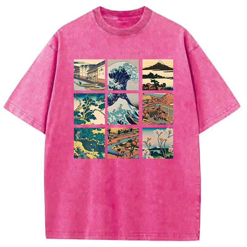 Modecanvas Thirty Six Views Of Mount Fuji DTG Printing Washed T-Shirt-modecanvas