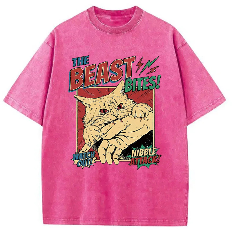 Modecanvas Vintage Horror Cat Bite DTG Printing Washed T-Shirt-modecanvas