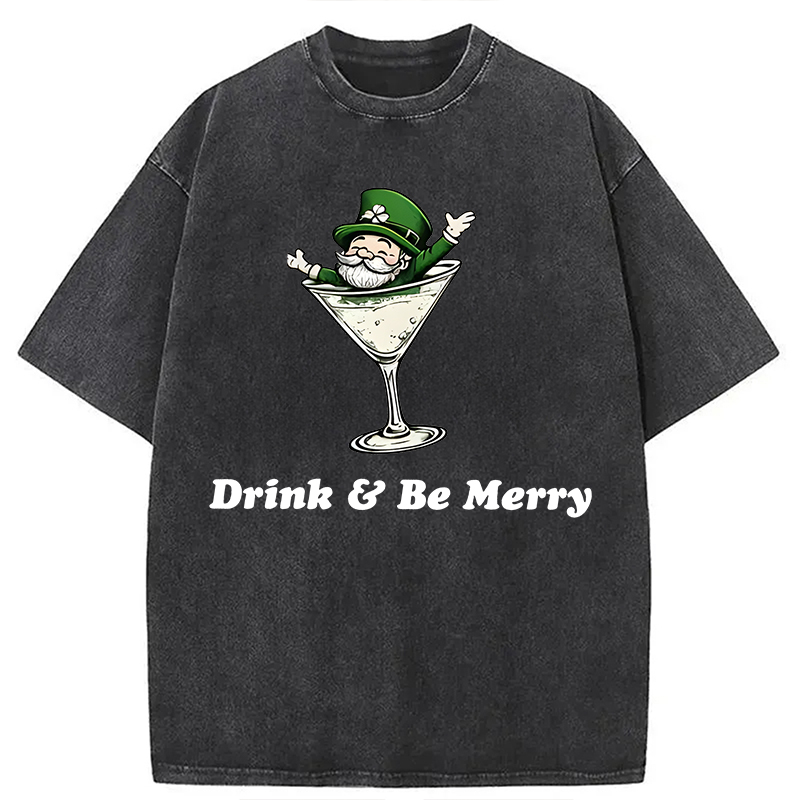 Modecanvas Leprechaun Martini Cocktail Vintage DTG Printing Washed T-Shirt-modecanvas