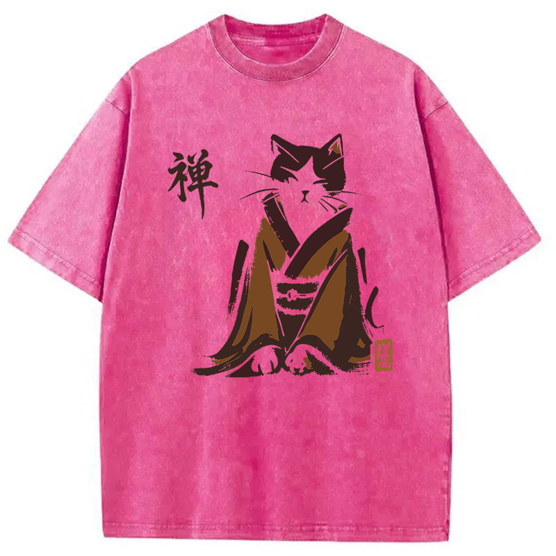 Modecanvas Zen Cat Kimono DTG Printing Washed T-Shirt-modecanvas