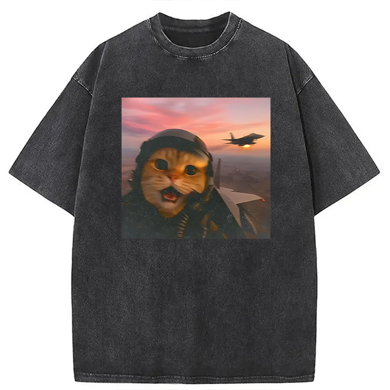 Modecanvas Funny Fighter Pilot Cat DTG Printing Washed T-Shirt