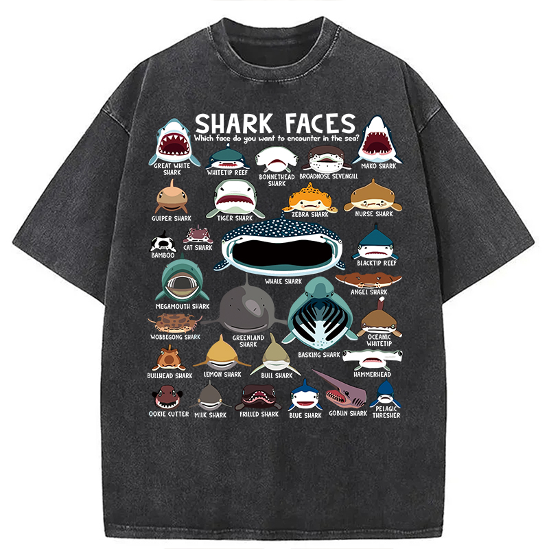Modecanvas Shark Faces Marine Sea Life DTG Printing Washed T-Shirt