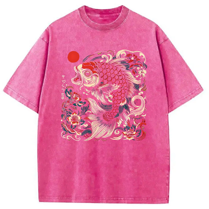 Modecanvas Japanese Koi Fish DTG Printing Washed T-Shirt