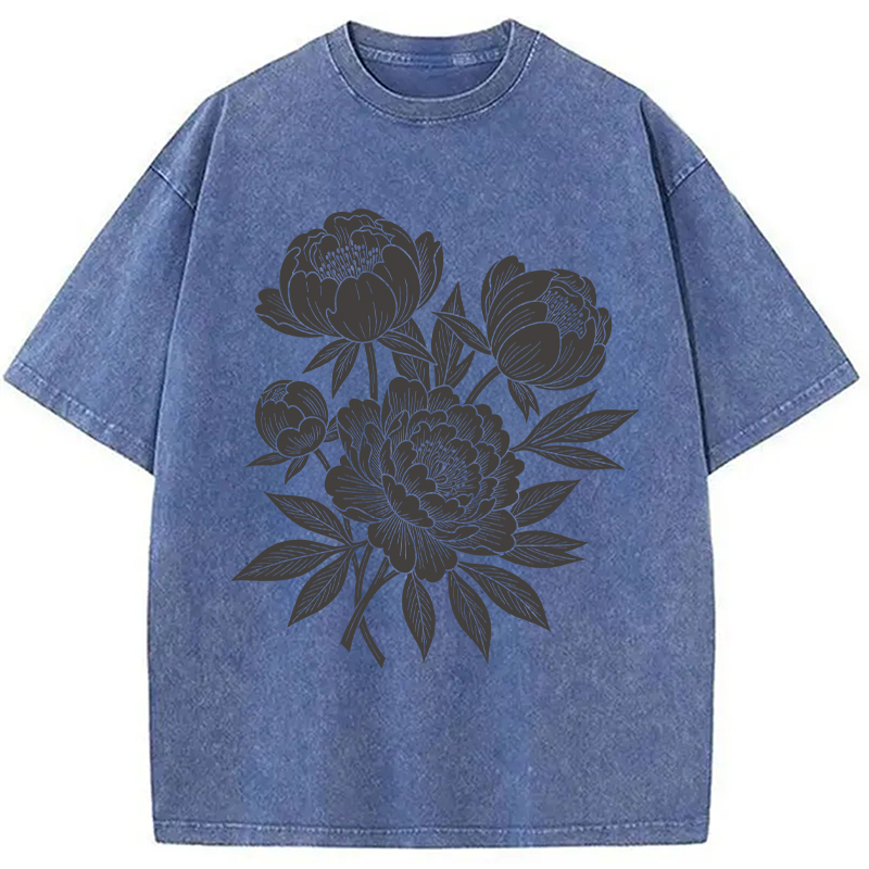 Modecanvas Linocut Floral DTG Printing Washed T-Shirt
