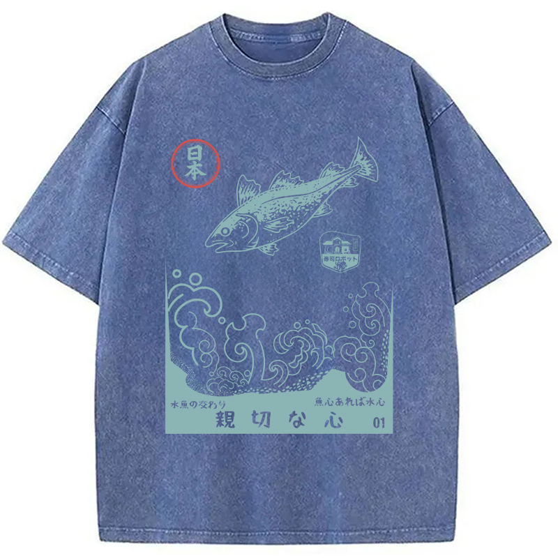 Modecanvas Japanese Fish Vintage Ukiyo-e Wave DTG Printing Washed T-Shirt