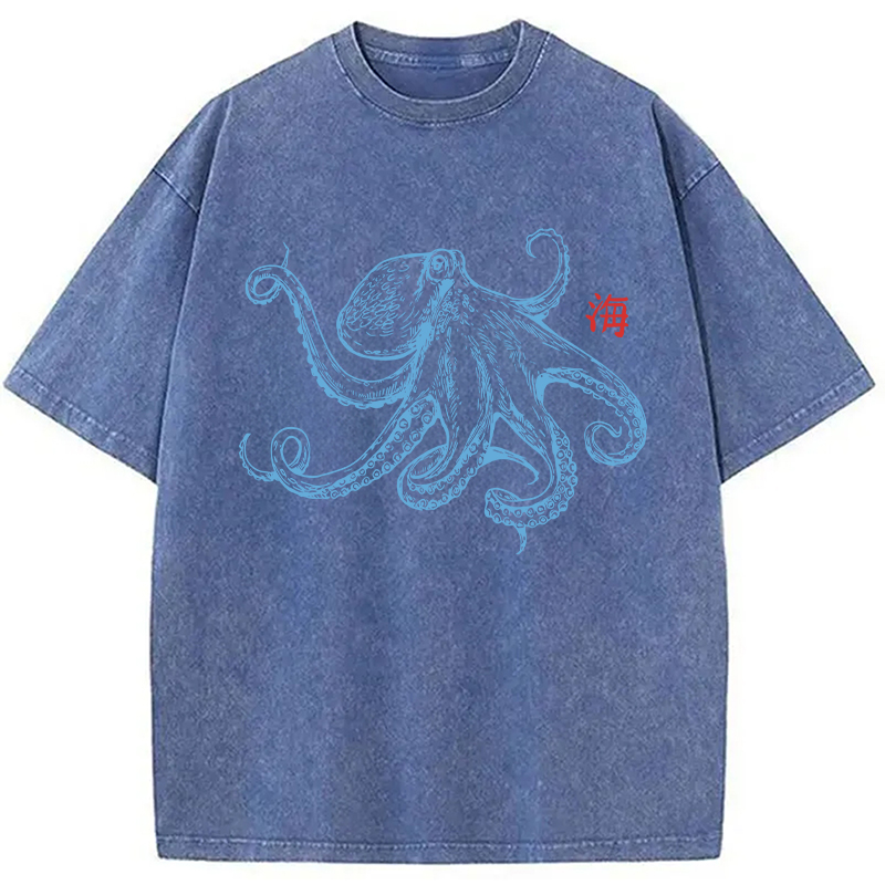 Modecanvas Octopus Retro Japanese DTG Printing Washed T-Shirt