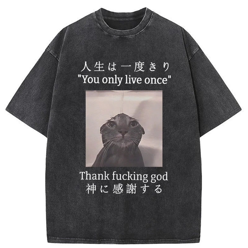 Modecanvas Funny Melancholy Cat Washed T-Shirt-modecanvas