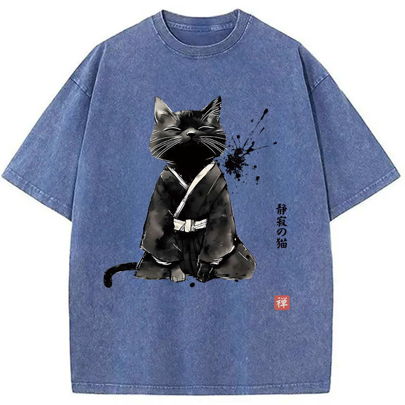 Modecanvas Zen Cat Japanese DTG Printing Washed T-Shirt