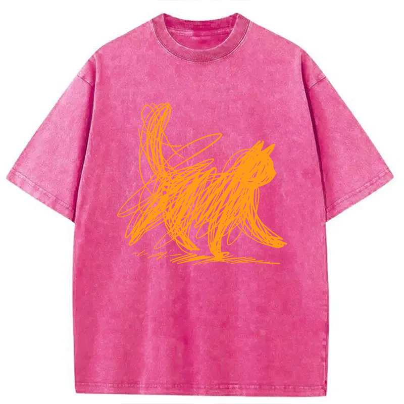 Modecanvas Scribble Cat Minimal Washed T-Shirt-modecanvas