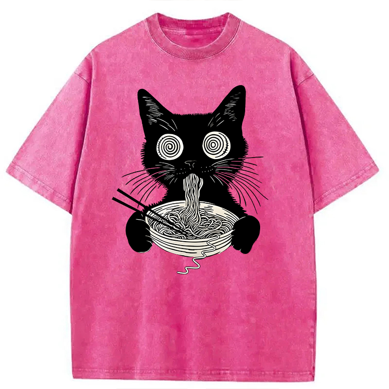 Modecanvas Psychedelic Ramen Cat DTG Printing Washed T-Shirt