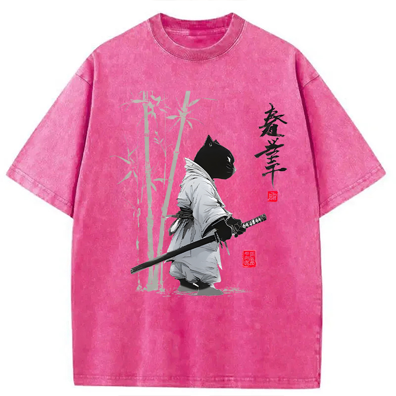 Modecanvas Samurai Cat Japanese Kanji DTG Printing Washed T-Shirt
