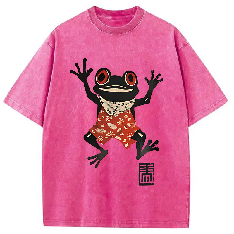 Modecanvas Japanese Happy Frog Ukiyoe DTG Printing Washed T-Shirt