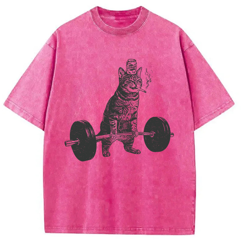 Modecanvas Funny Deadlift Cat Washed T-Shirt-modecanvas