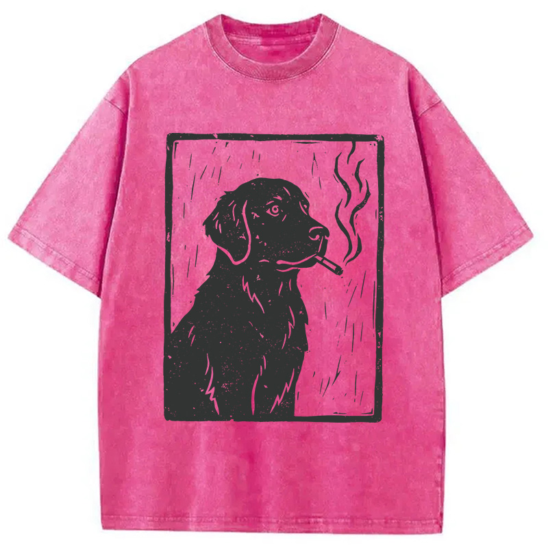 Modecanvas Smoking Labrador Linocut DTG Printing Washed T-Shirt