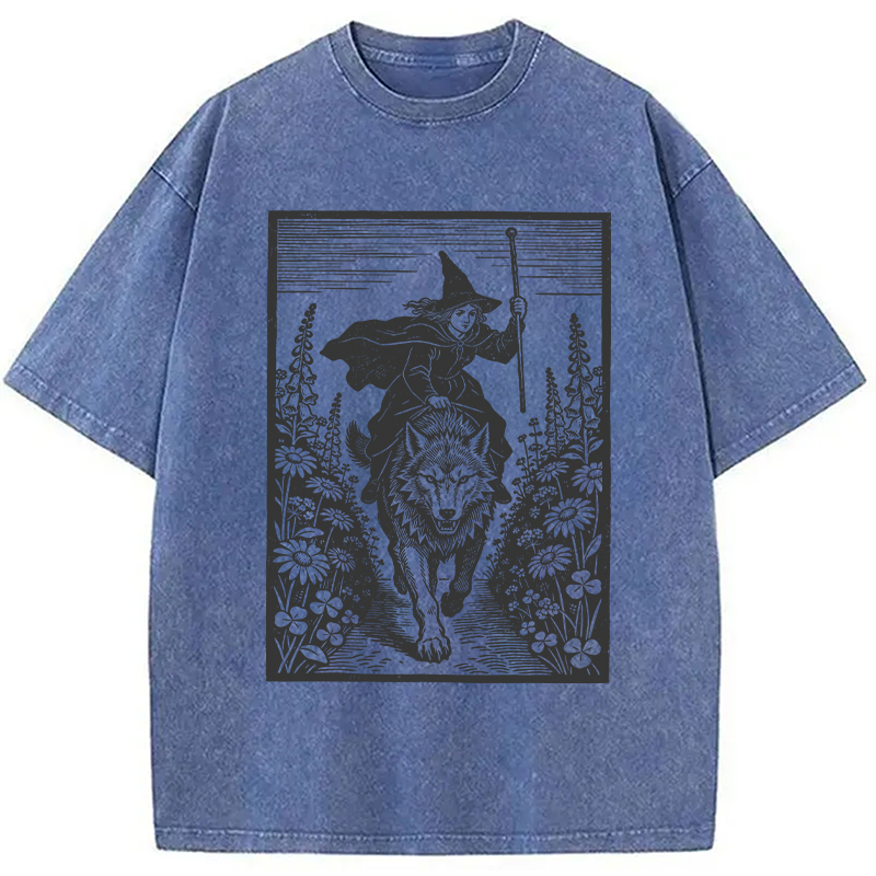 Modecanvas Witch Riding Wolf DTG Printing Washed T-Shirt