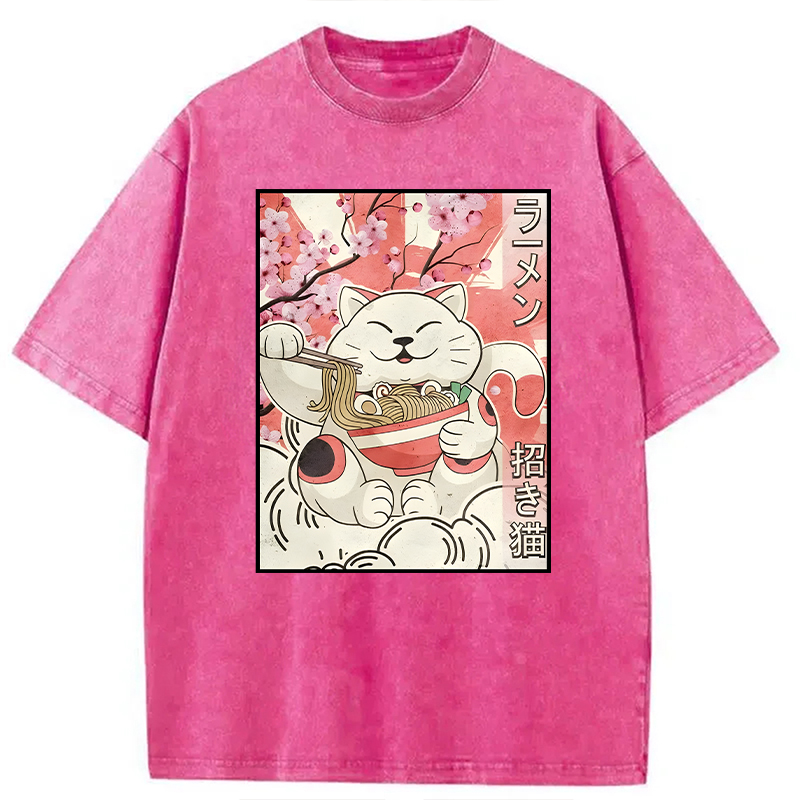 Modecanvas Japanese Noodles Maneki Neko Cat Ramen Meme DTG Printing Washed T-Shirt