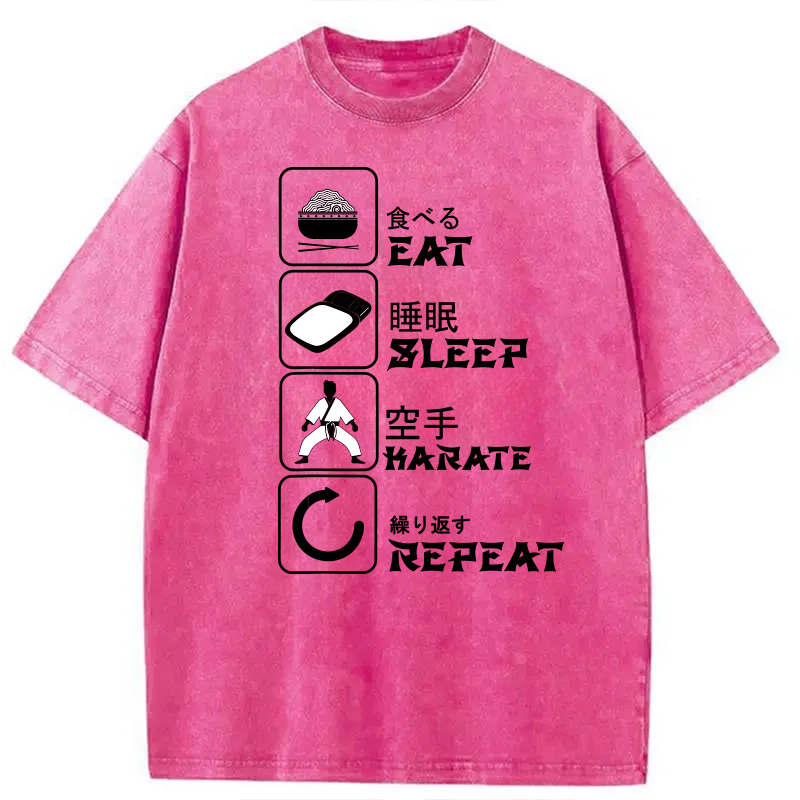Modecanvas Eat Sleep Karate Repeat Meme DTG Printing Washed T-Shirt
