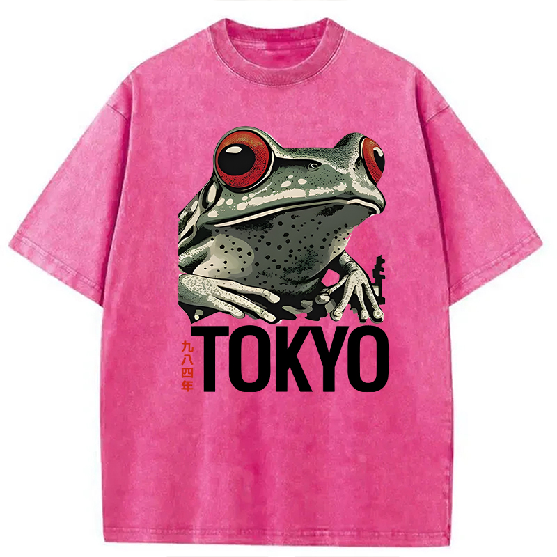 Modecanvas Retro Tokyo Frog DTG Printing Washed T-Shirt