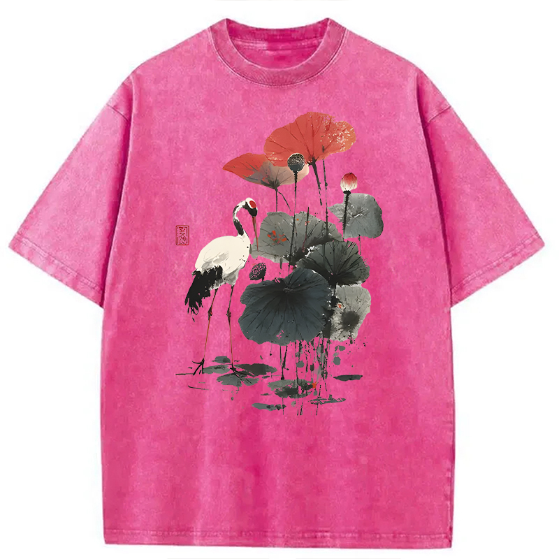 Modecanvas White Crane Among Lotus DTG Printing Washed T-Shirt
