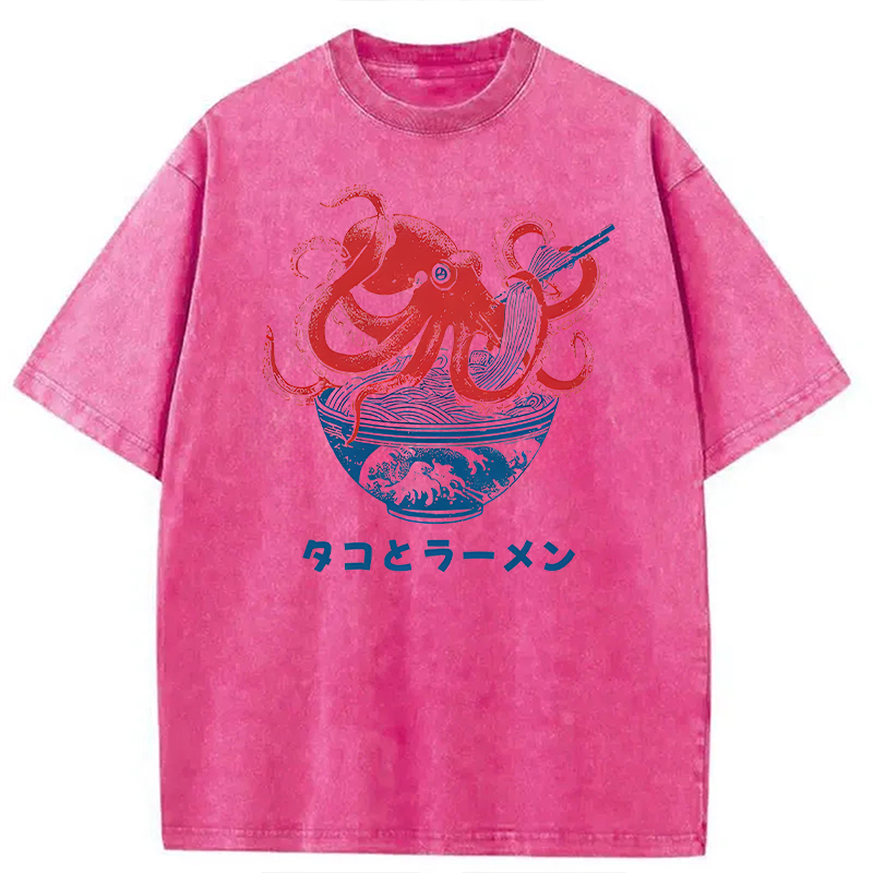 Modecanvas Octopus Eating Ramen DTG Printing Washed T-Shirt